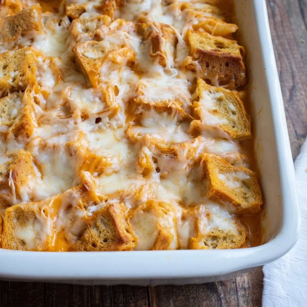 Golden brown Easy Tomato Soup & Grilled Cheese Casserole Bake, bubbling hot from the oven with cheesy bread.