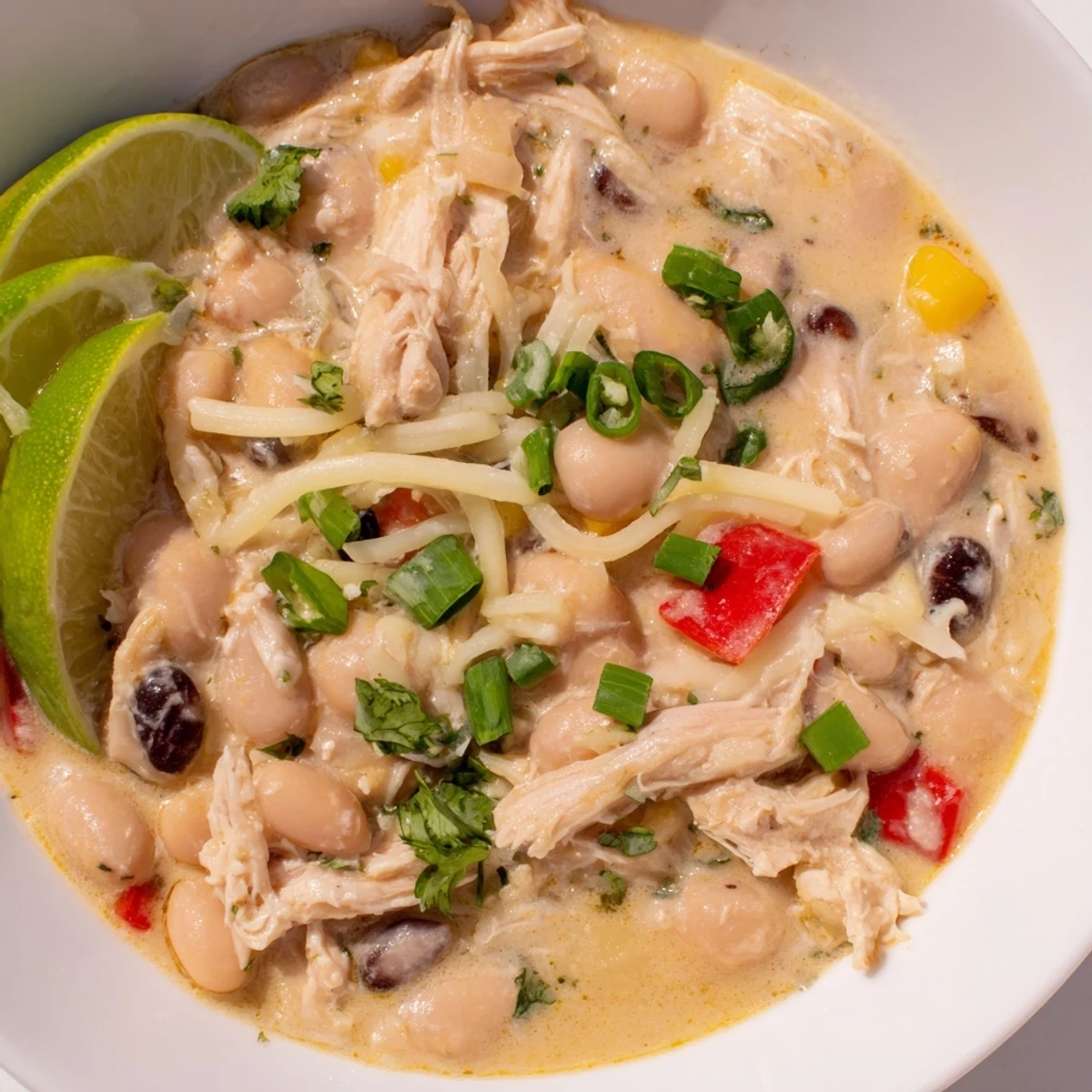 Garnished Slow Cooker White Chicken Chili with cilantro and cheese--a quick, flavorful Southwestern delight.