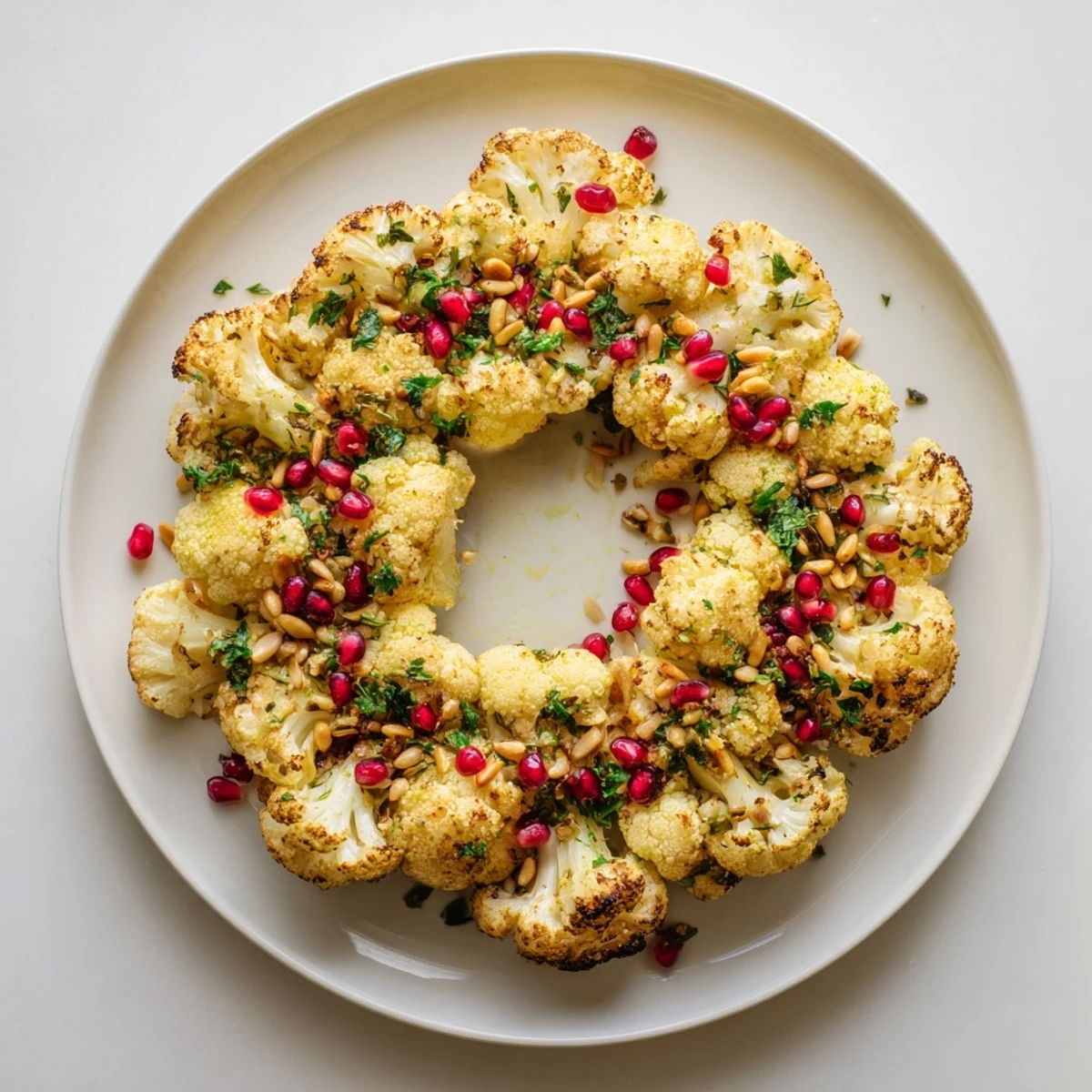 Vibrant overhead shot of a roasted garlic and herb cauliflower wreath ready to serve, smelling delicious.