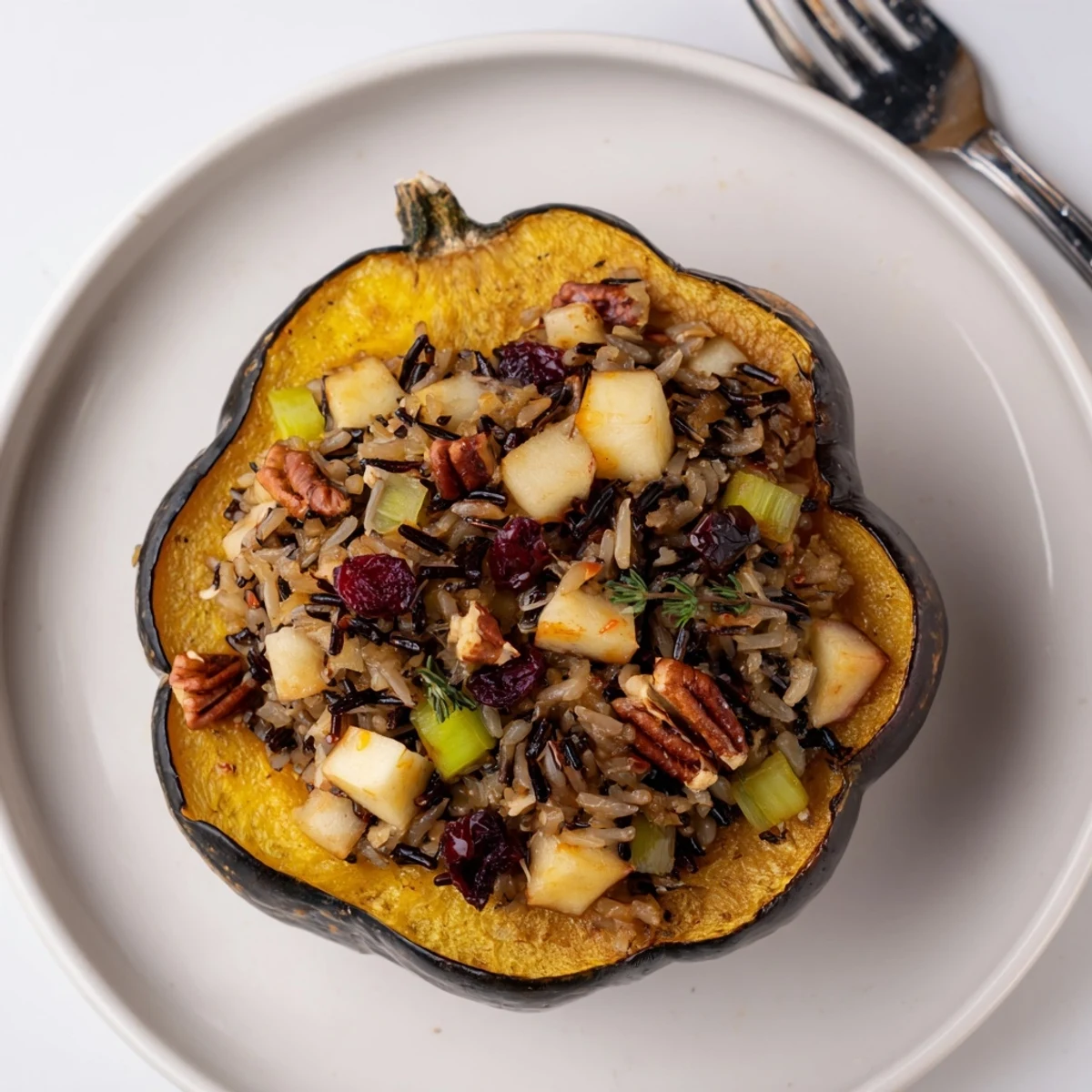 Close-up of the finished stuffed acorn squash; the maple sriracha drizzle glistens on the squash.