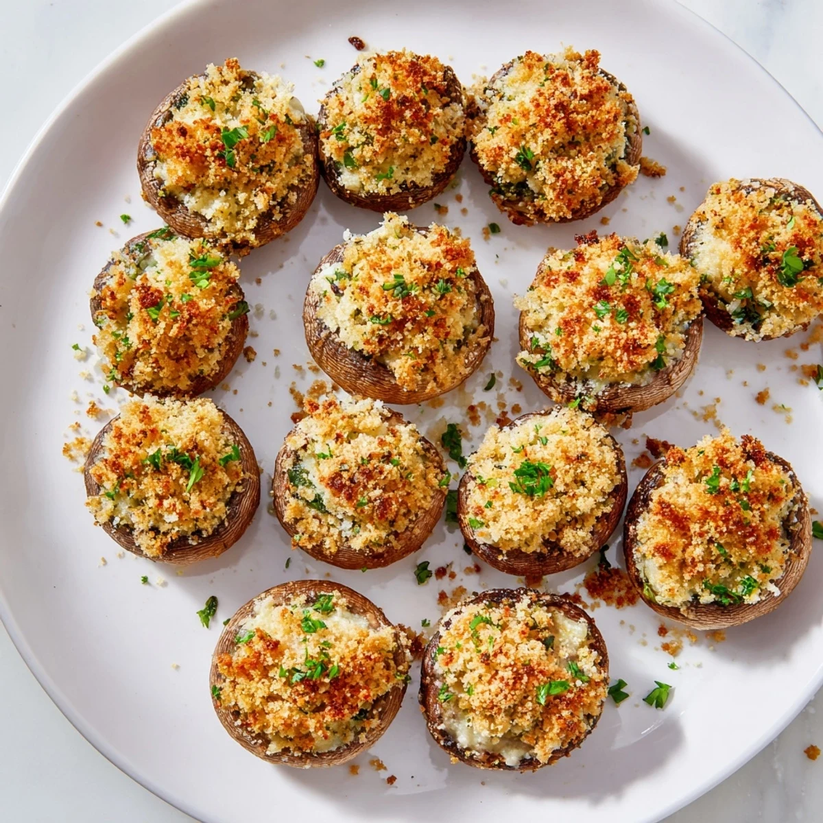 Enjoy the crispy, cheesy topping on these delicious Air Fryer Holiday Stuffed Mushrooms, ready in minutes.