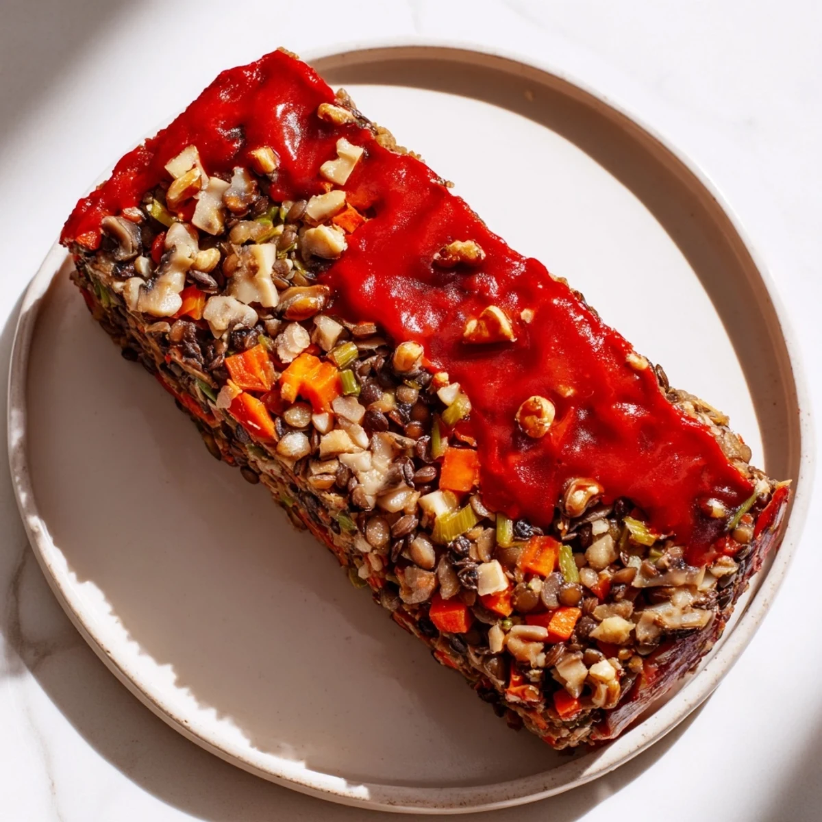 Close-up of a golden-brown Festive Lentil Loaf, showcasing the rich textures and flavors.
