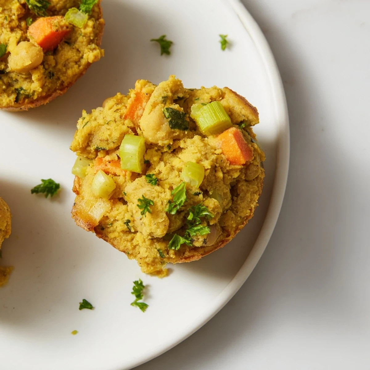 Golden, savory Vegan Chickpea Stuffing Muffins fresh from the oven, offering comforting, herby flavors.
