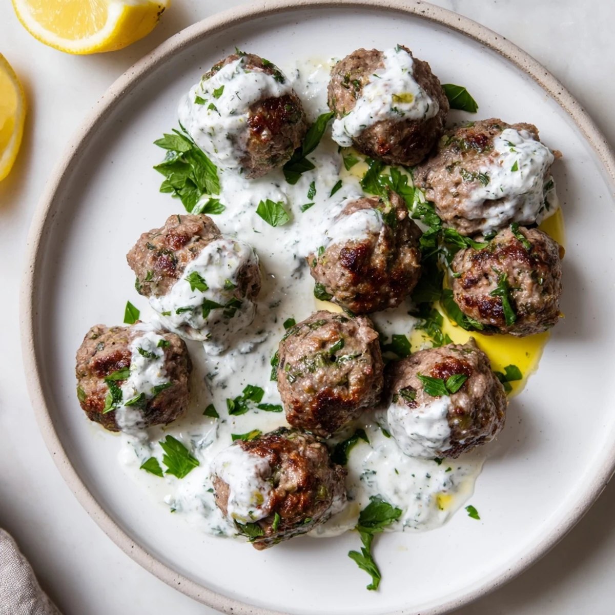 Close-up of golden-brown Garlic Herb Lamb Meatballs, drizzled with zaatar yogurt and parsley.