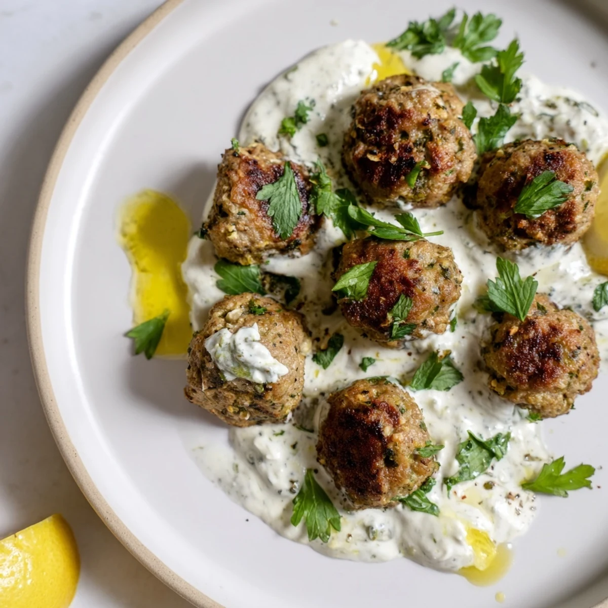 Tender Garlic Herb Lamb Meatballs served on a platter, complemented by tangy zaatar yogurt and lemon wedges.