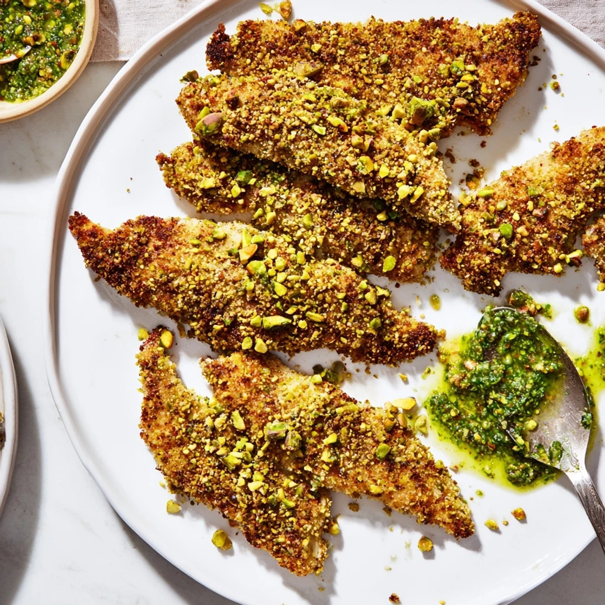 Golden-baked pistachio crusted turkey tenders, ready to be dipped and enjoyed with chimichurri sauce.