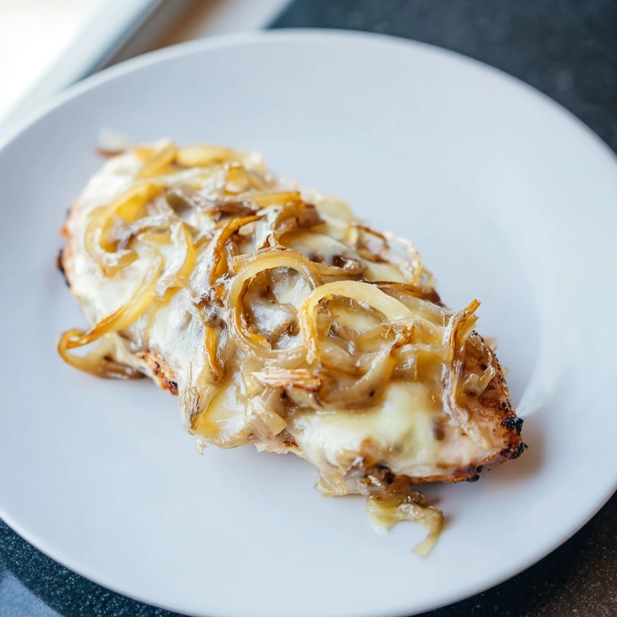 Savory Instant Pot French Onion Chicken with bubbling Gruyère cheese and crusty baguette slices, ready to serve.