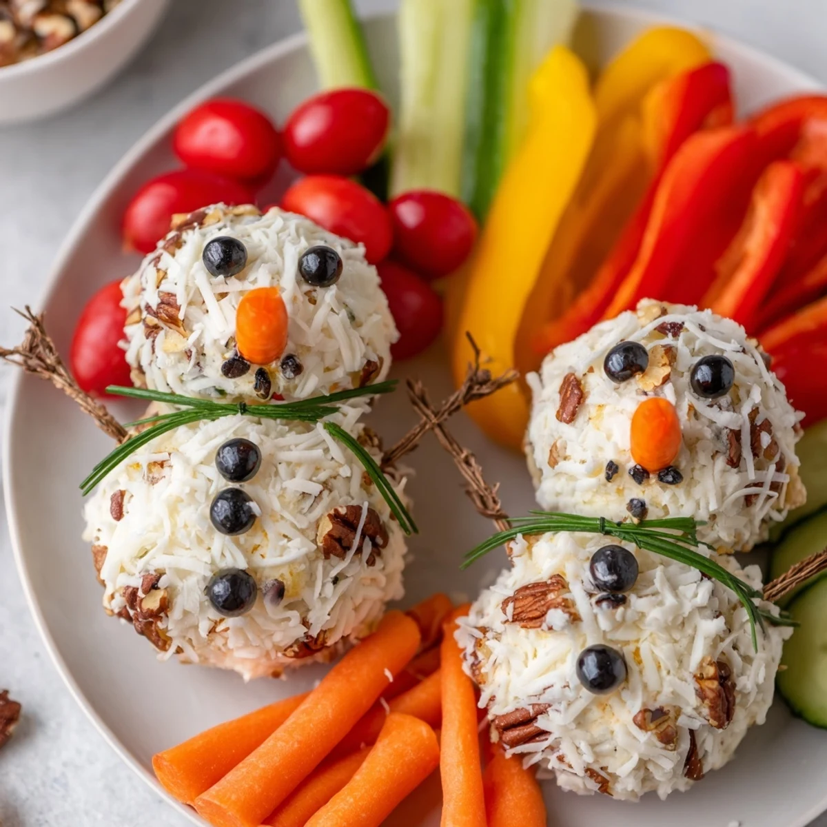 Creamy savory herb cheeseball snowmen, festive and fun, surrounded by colorful, crunchy veggie dippers.