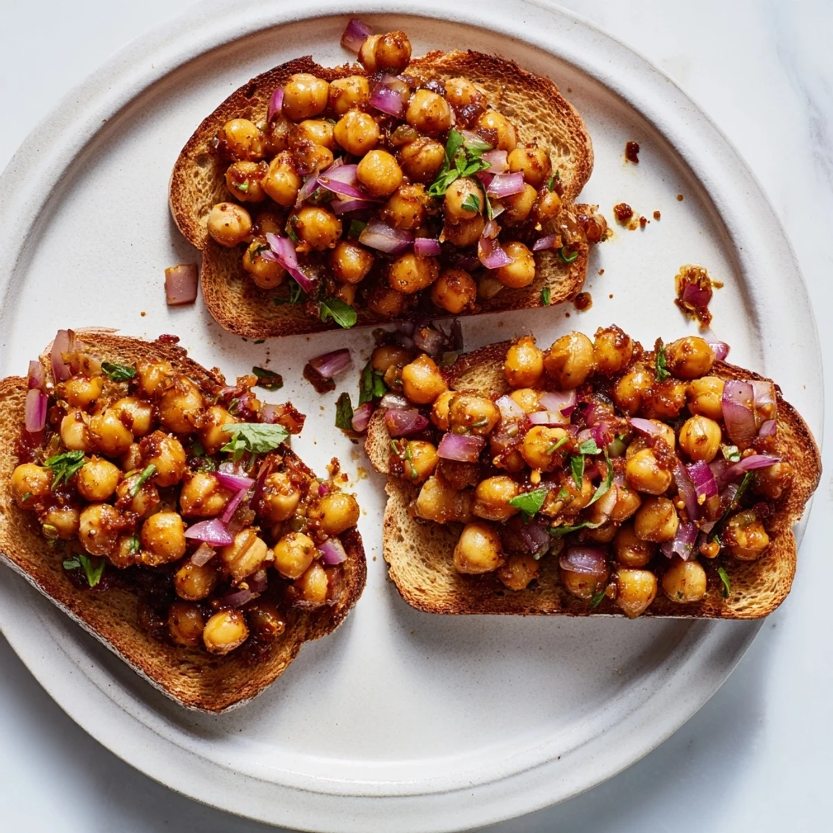 Golden, toasted bread piled high with smoky BBQ chickpeas, garnished with fresh herbs, a mouthwatering vegan meal.