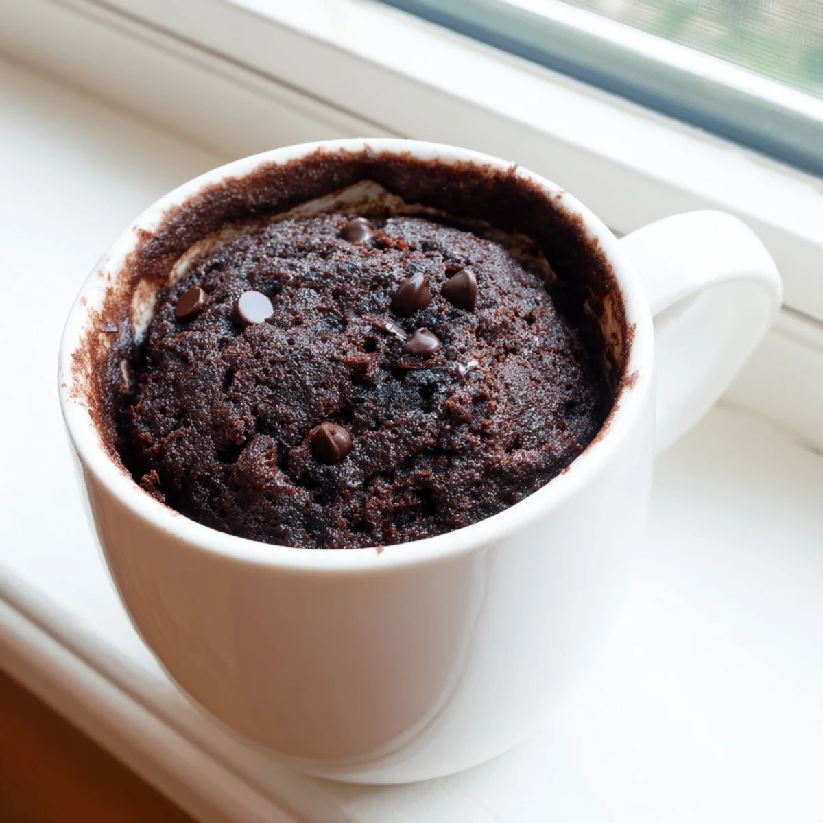 Warm, gooey Microwaved Mug Cake with chocolate chips, ideal for a quick dessert anytime.