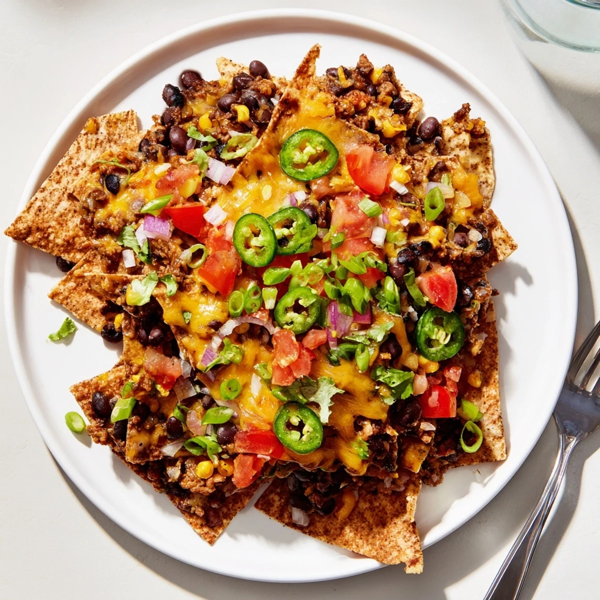 Sheet-Pan Nachos with Pantry Beans are bubbling and golden, cheese melted over colorful frozen veggies.