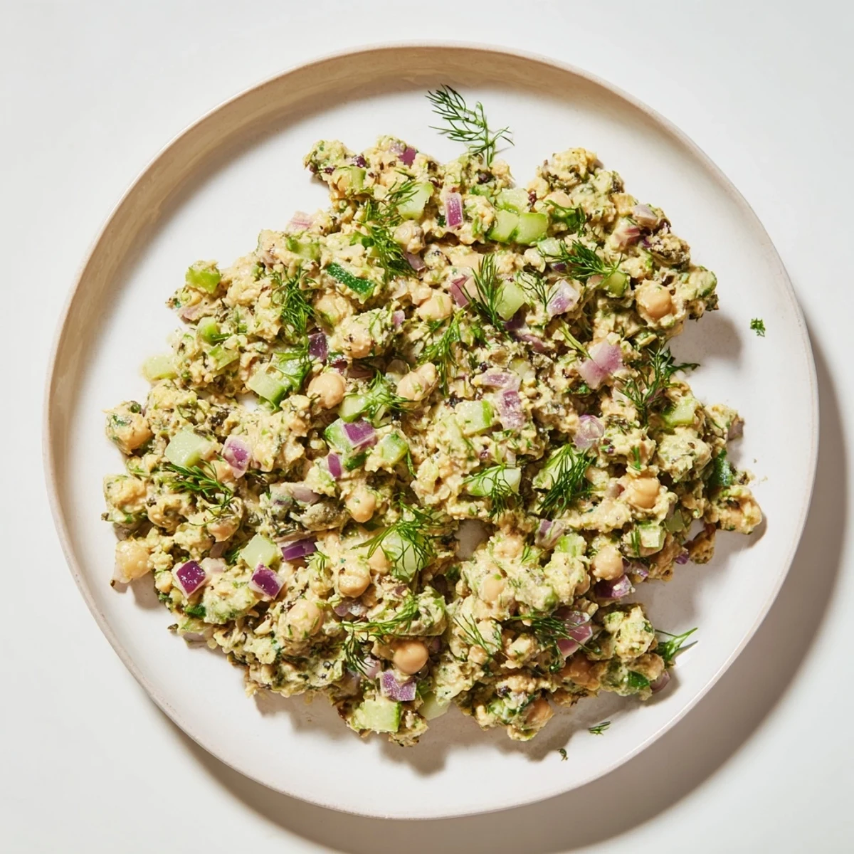 A close-up of a bowl of chickpea tuna salad, with visible chunks of vegetables mixed in.