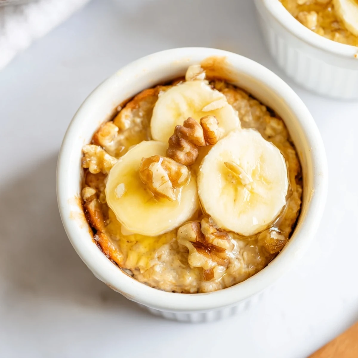Steaming baked oats ramekins with banana and honey, a comforting breakfast with golden edges and a sweet aroma.