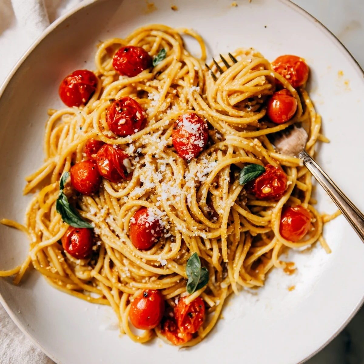 Steaming bowl of Lazy-Girl Pasta, glistening with tomatoes, Parmesan, and fresh basil, ready to enjoy.