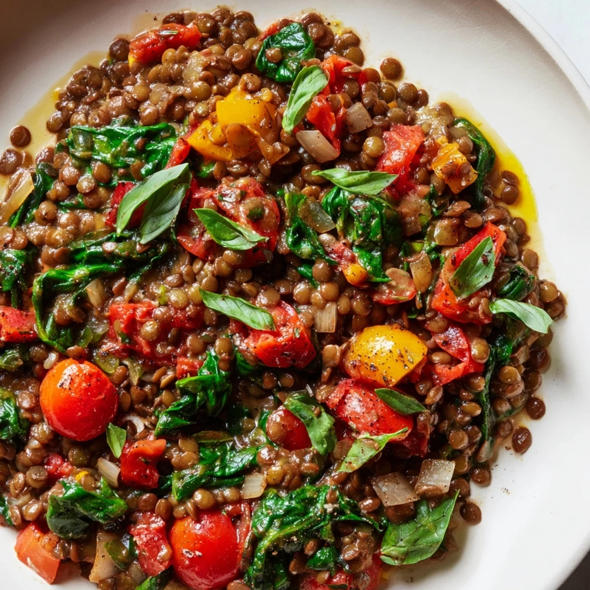 Steaming Lentil-Tomato Skillet, a vibrant Mediterranean main dish, overflowing with herbs and vegetables.