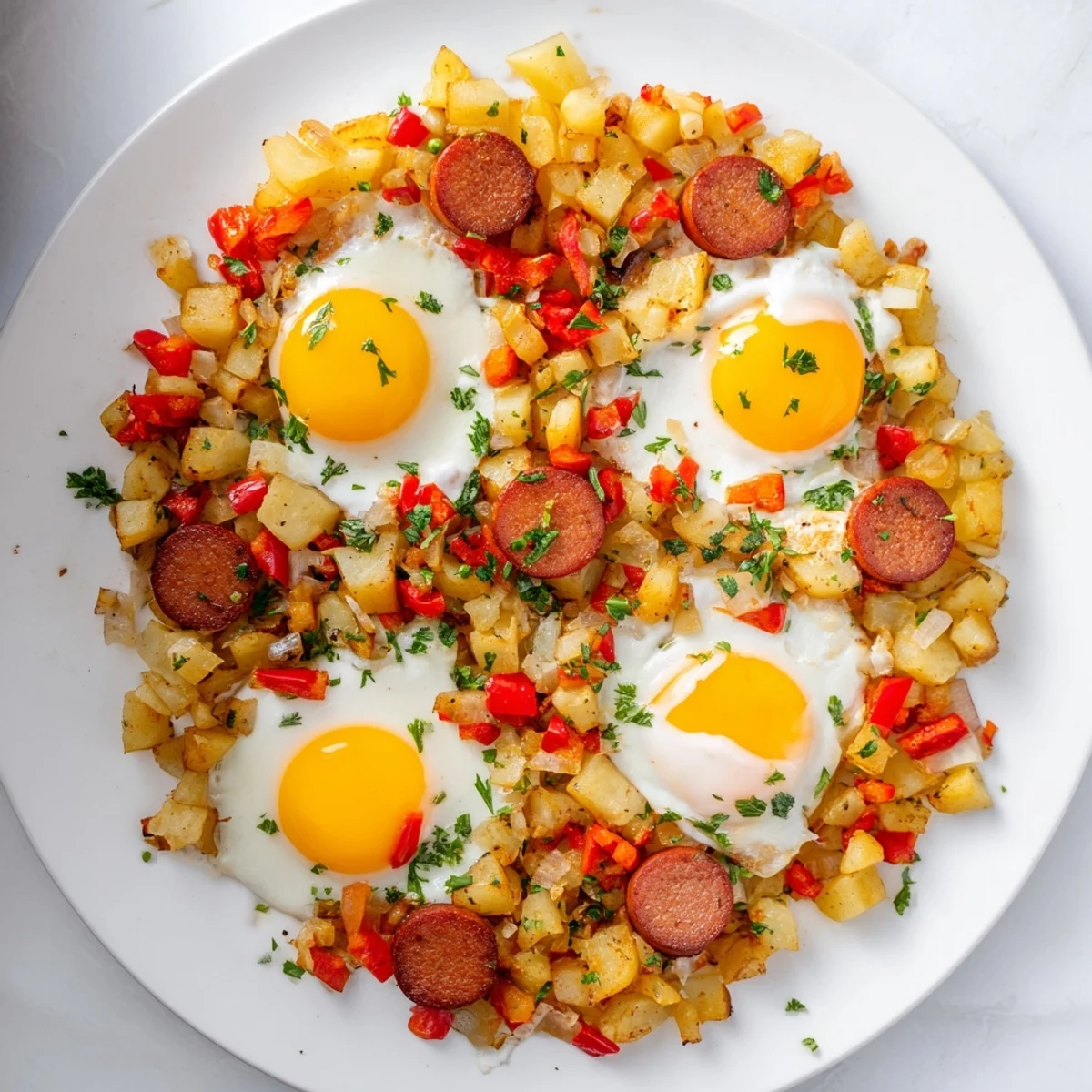 Golden egg and potato hash with hot dogs, a savory skillet breakfast, beautifully plated.