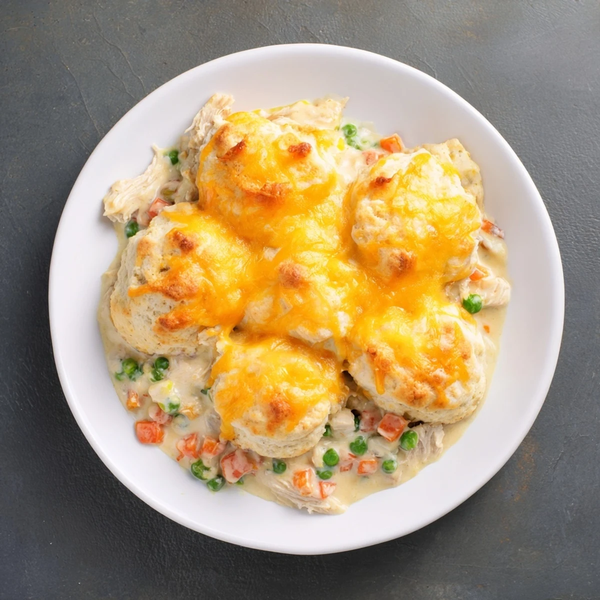 Golden brown cheddar biscuits topping bubbling one-pan chicken cobbler ready for serving.