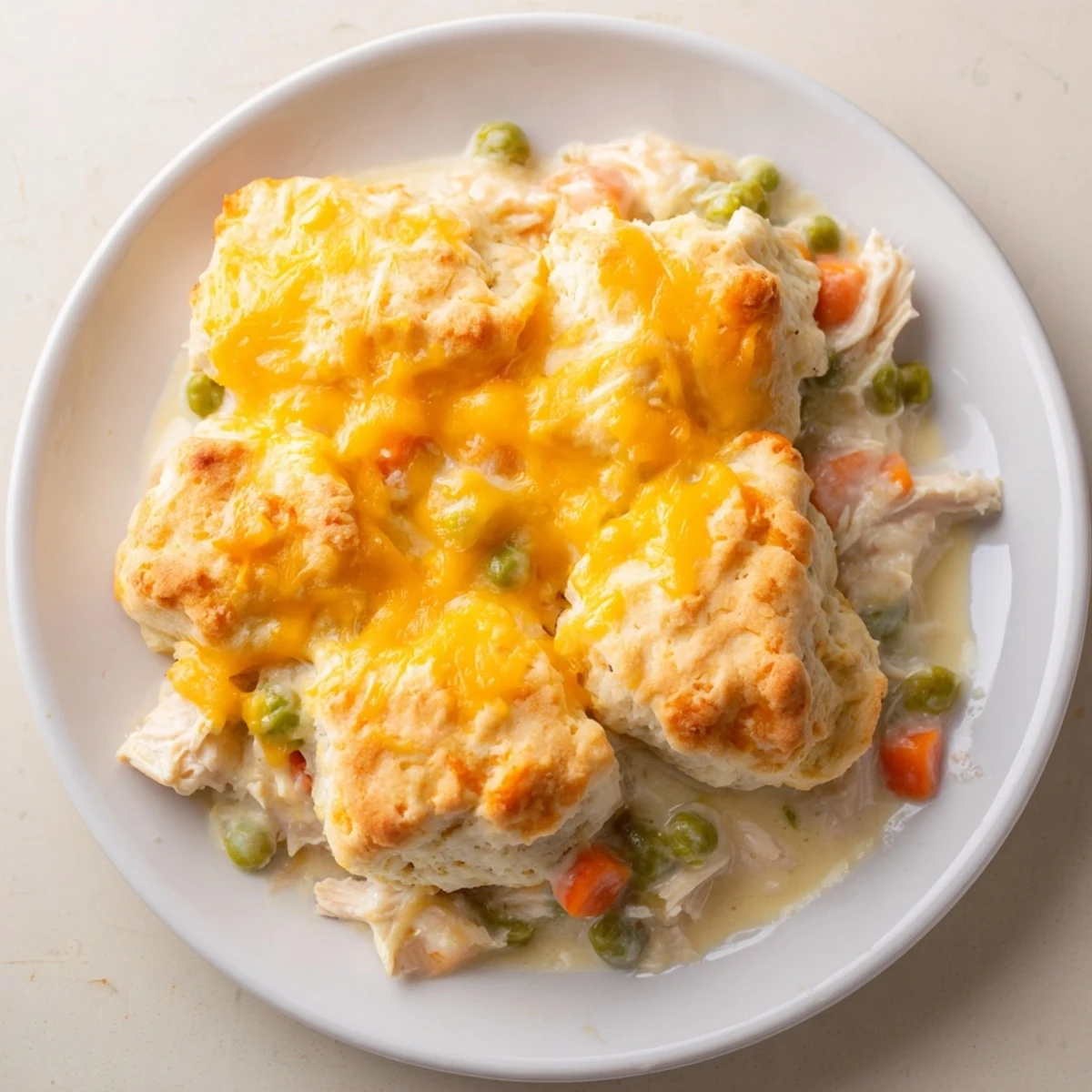 Tender chicken and veggies in a creamy sauce, topped with cheesy biscuits; a one-pan chicken cobbler.