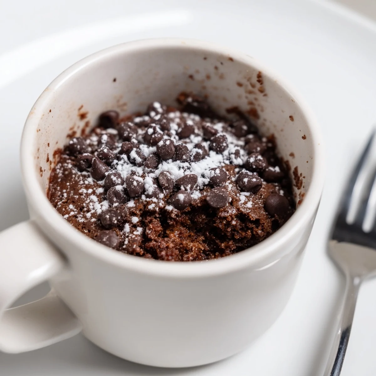 Steaming hot microwave mug cake, a quick chocolate dessert, ready to enjoy from the mug.