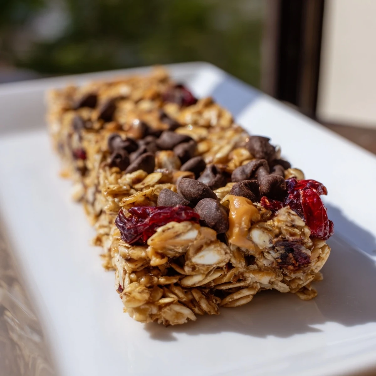 Close-up of freshly cut homemade granola bars, showing oats, nuts, and chocolate chips.