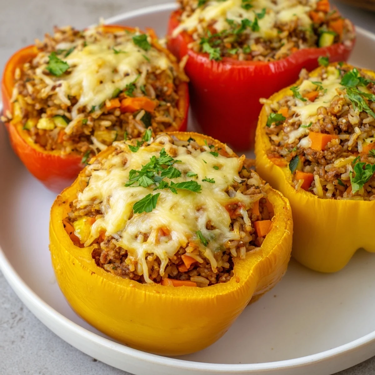 Golden-brown stuffed peppers, packed with seasoned turkey and rice filling, perfect for a cozy meal.