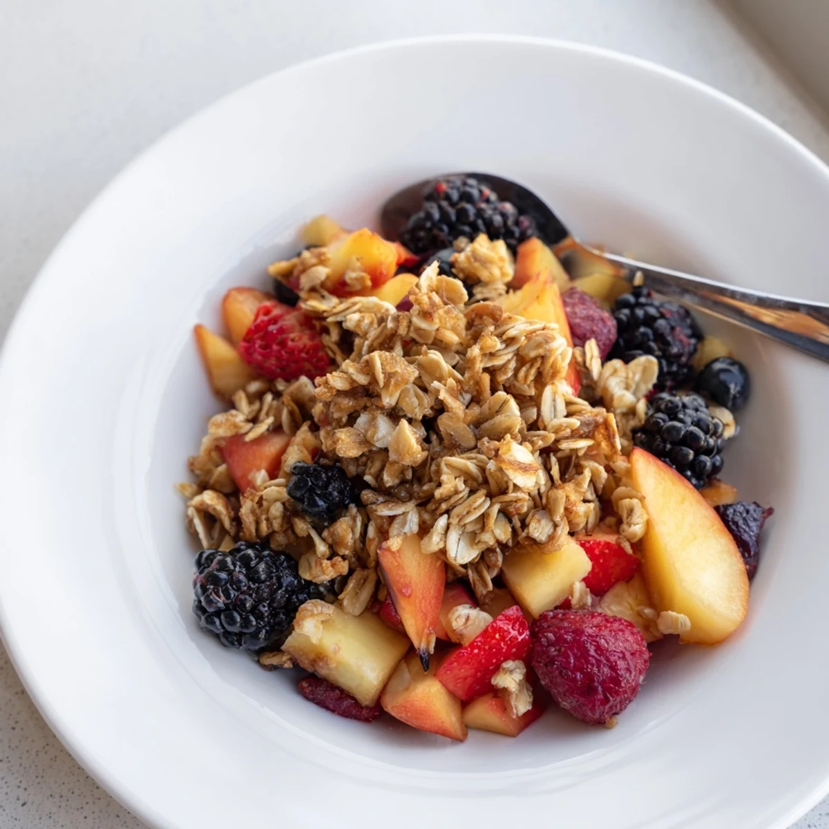 Golden brown fruit crisp with frozen fruit bubbling in the oven, ready to serve warm.