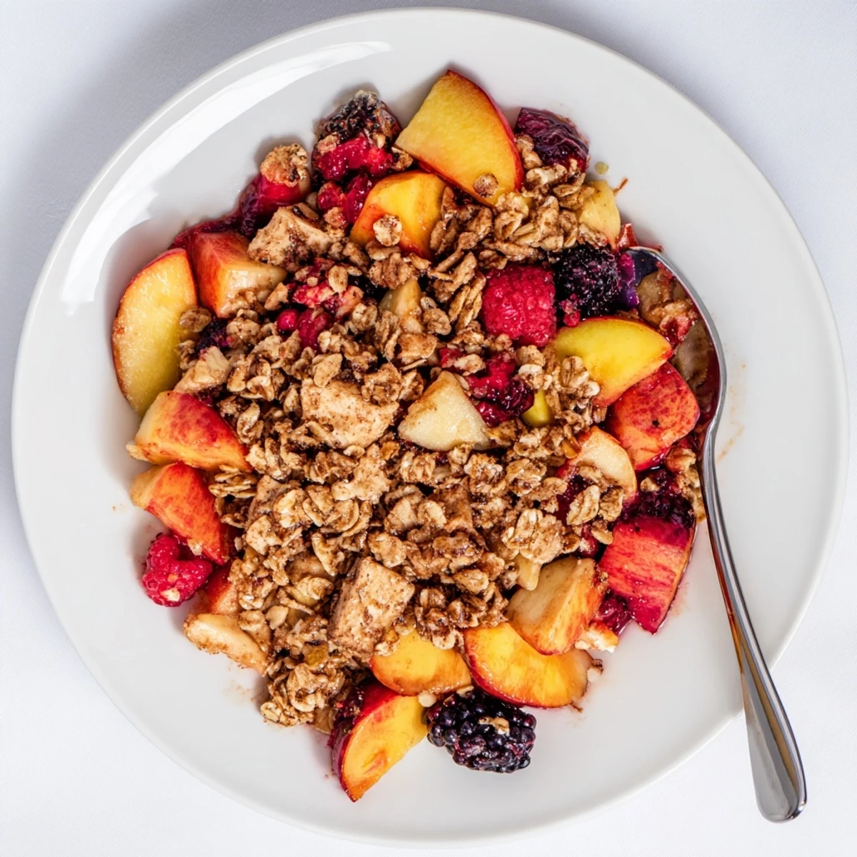 Close-up of baked fruit crisp featuring mixed frozen fruit and a crunchy oat topping.