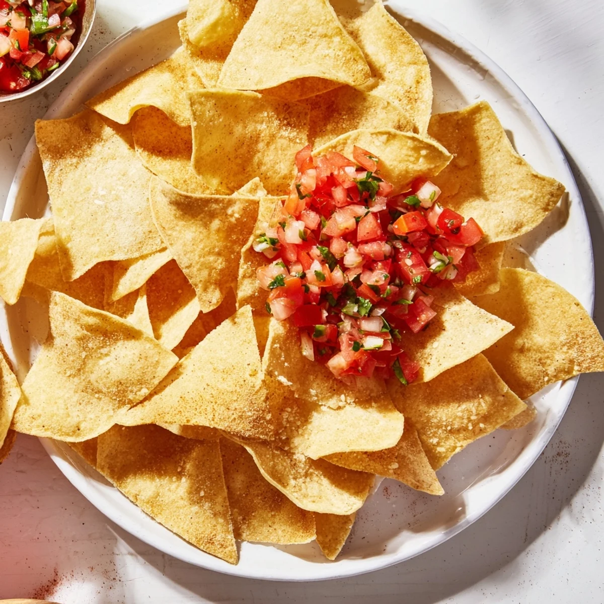 Freshly made air-fryer tortilla chips next to a bowl of colorful, chunky salsa for dipping.