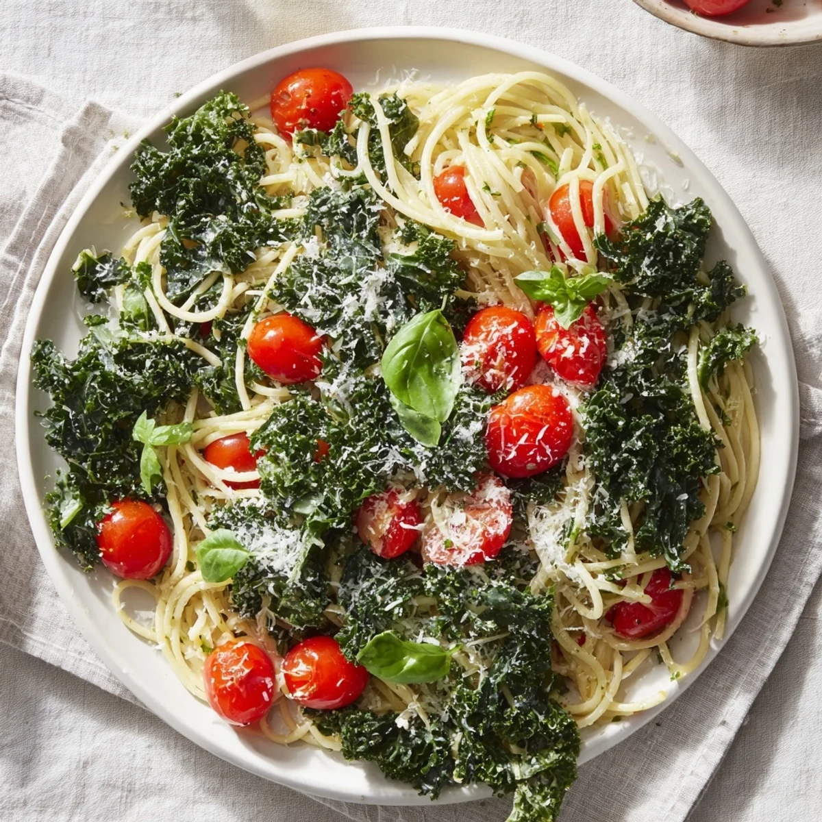 Steaming one-pot spaghetti with kale and tomatoes, topped with fresh basil, ready to serve and enjoy.