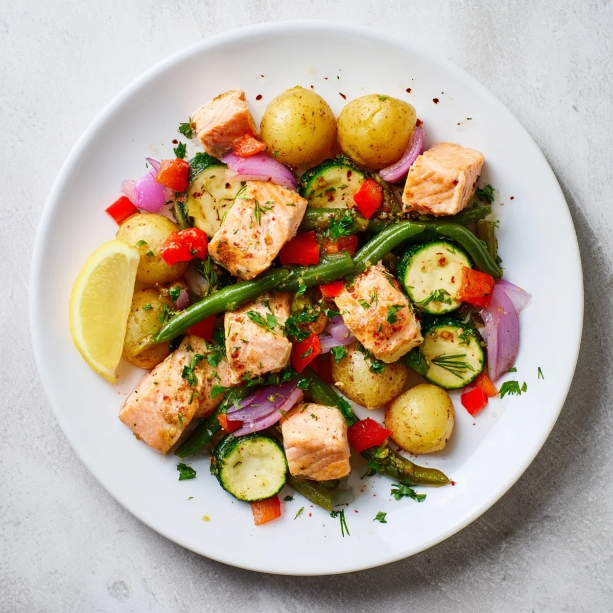Tender salmon and potato skillet, fresh from the skillet, bursting with savory flavors, served hot.