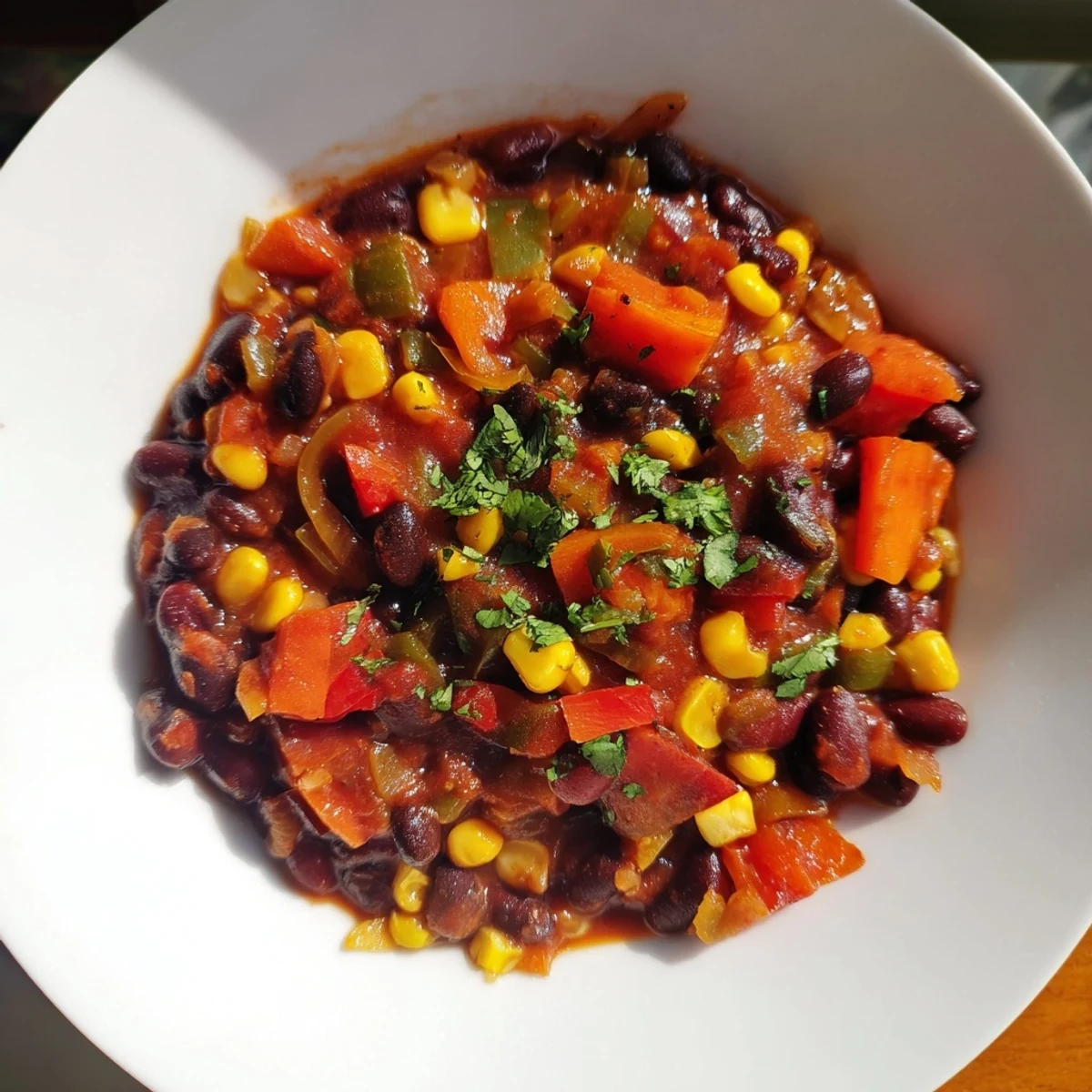 Close-up of a bubbling pot of veggie chili, seasoned with spices and ready to enjoy with toppings.