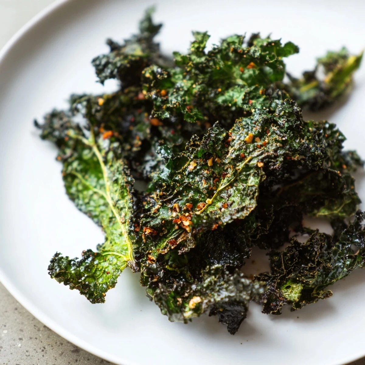 Delicious Baked Kale Chips seasoned with salt and pepper, fresh from the oven, offering a satisfying crunch.