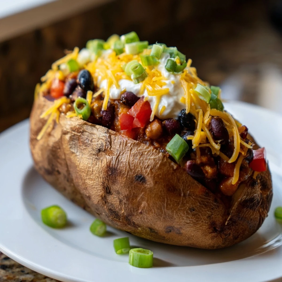 Golden, fluffy loaded baked potato overflowing with chili, cheese, and fresh toppings, ready to enjoy.