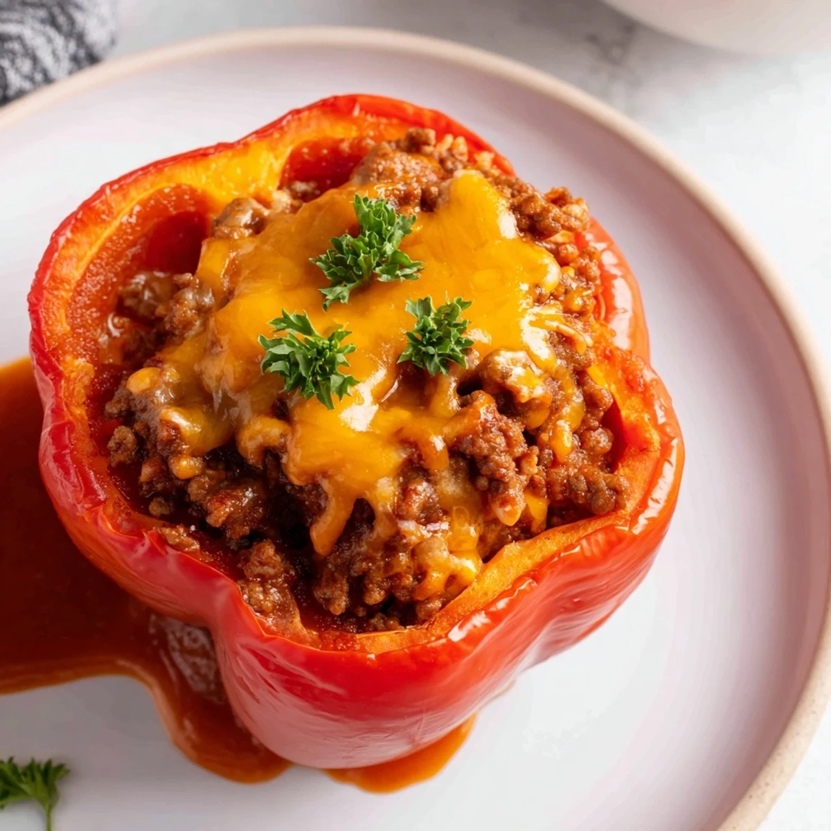 Steaming plate of Sloppy Joe Stuffed Peppers, filled with savory beef and hearty tomato sauce.