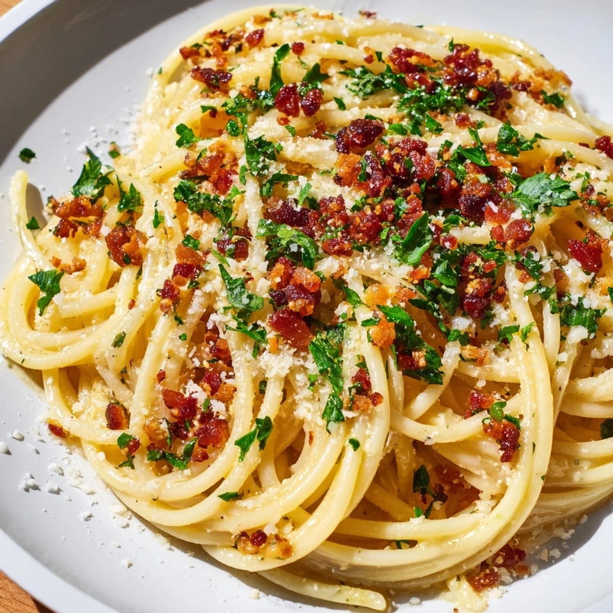 Golden, crunchy bacon topping warm Garlic Butter Pasta, a perfect and comforting dinner.