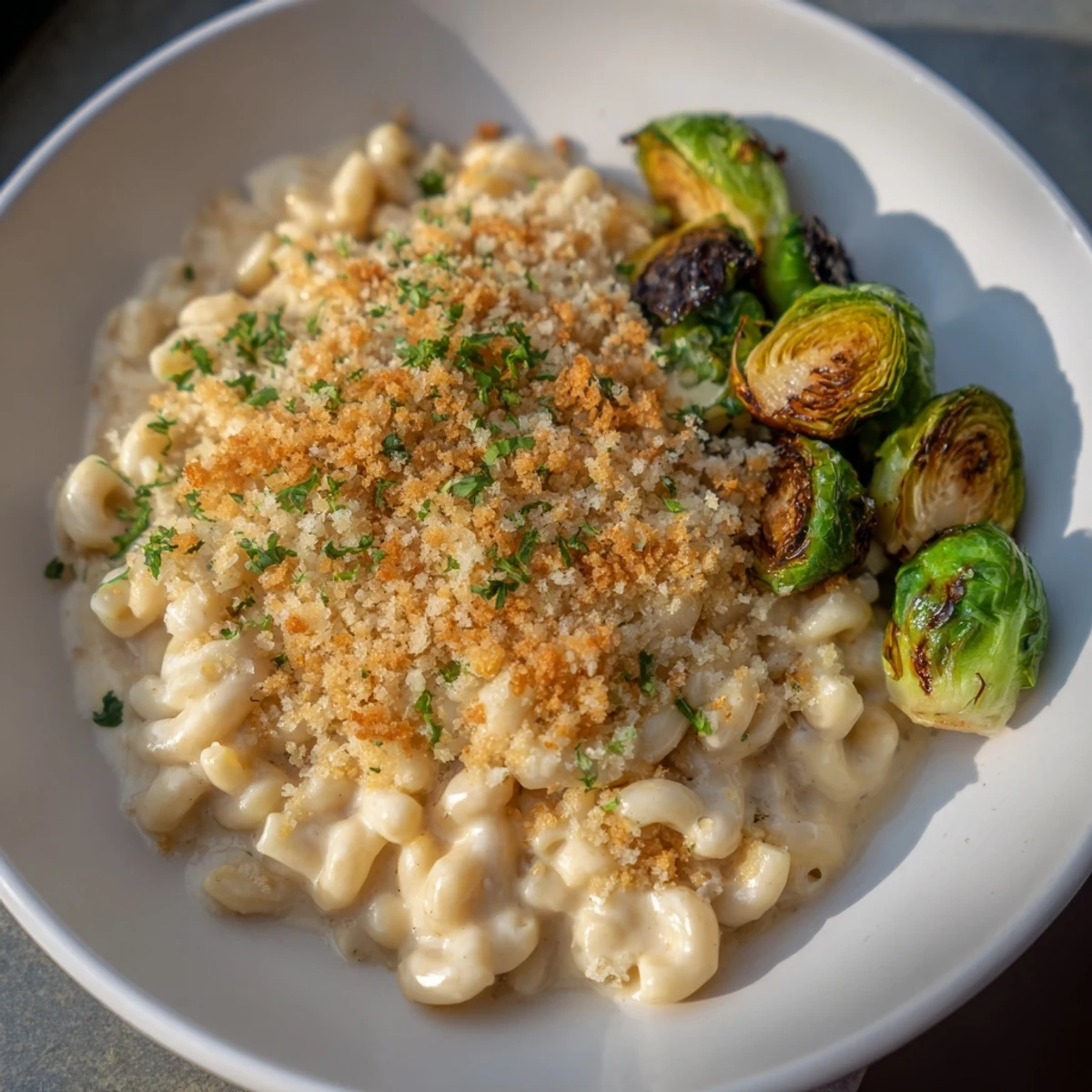 Crispy Brussels sprouts mingle with cheesy sheet pan mac and cheese, baked to perfection.