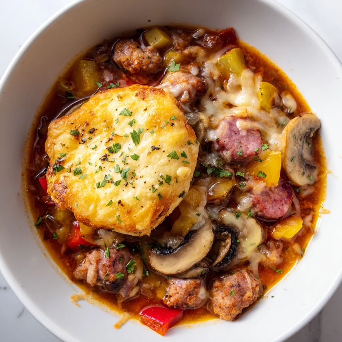 Cheesy Pizza Pot Pie Soup simmering in a pot with beautiful, vibrant vegetables and herbs.
