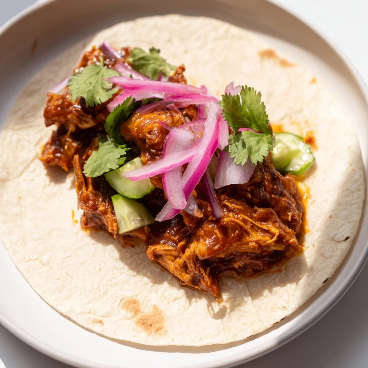 Sticky Chicken Tikka Masala Tacos, oozing with flavorful sauce and fresh cilantro, are served.