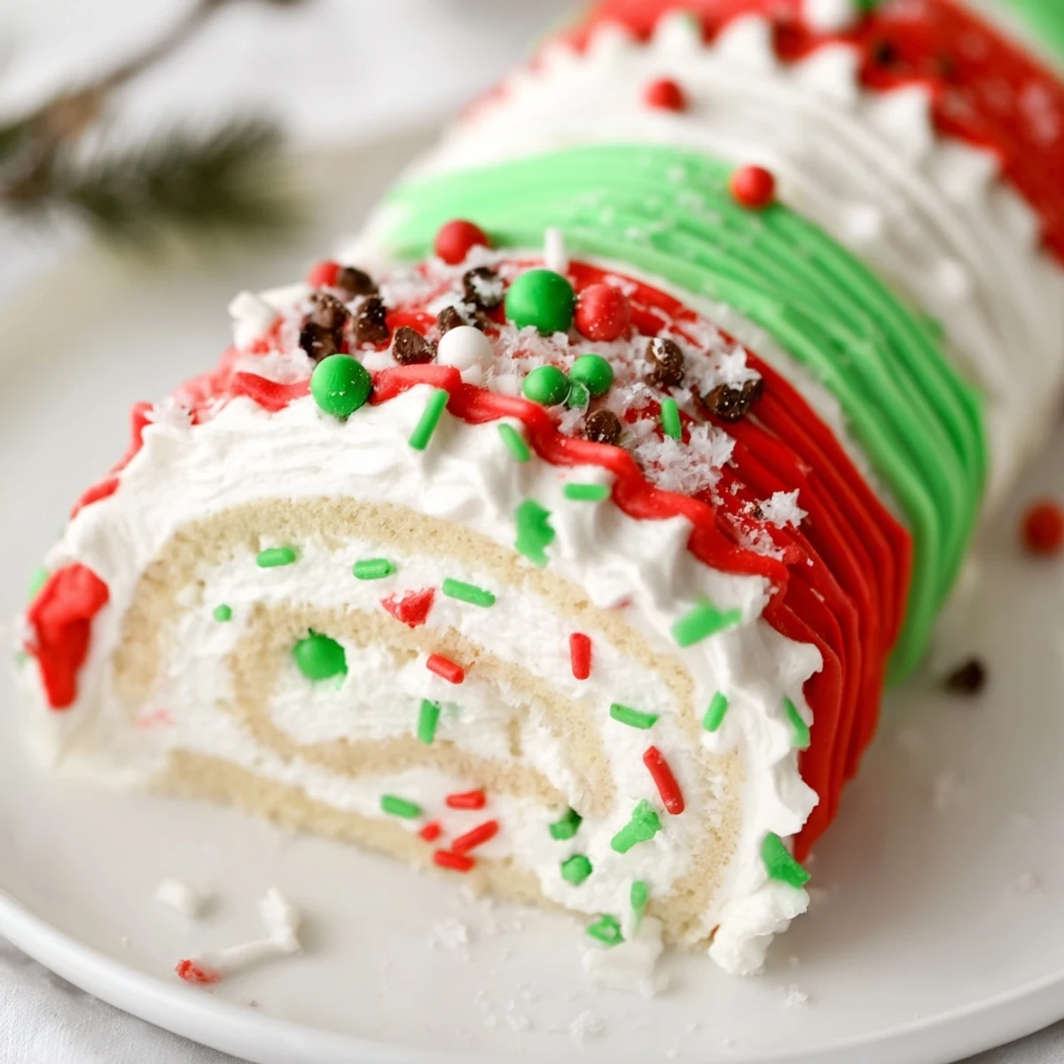 Festive Ugly Sweater Cake Roll with colorful frosting and playful holiday sprinkles, ready to serve.