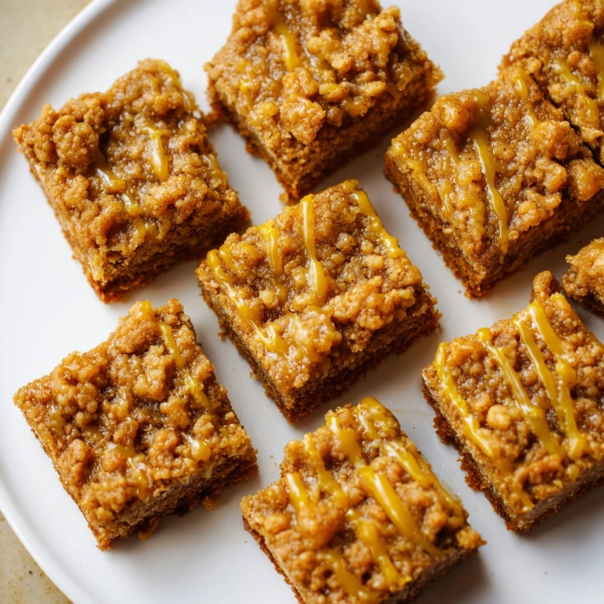 Golden Lemon-Glazed Gingerbread Crumble Bars, a spiced dessert with a sweet, tangy glaze drizzled over.