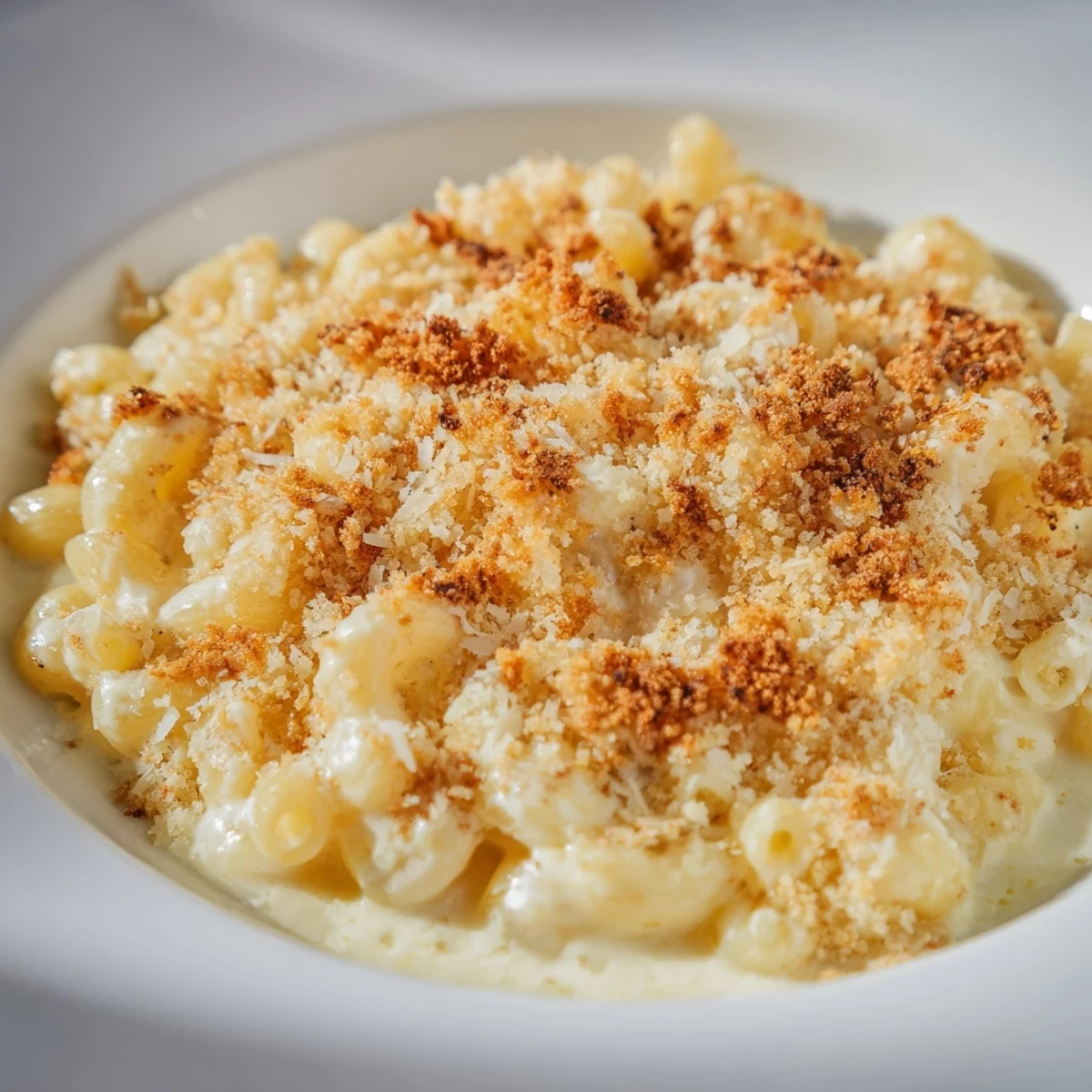 A close-up of piping-hot Baked Macaroni and Cheese with melted cheese pulling away invitingly.