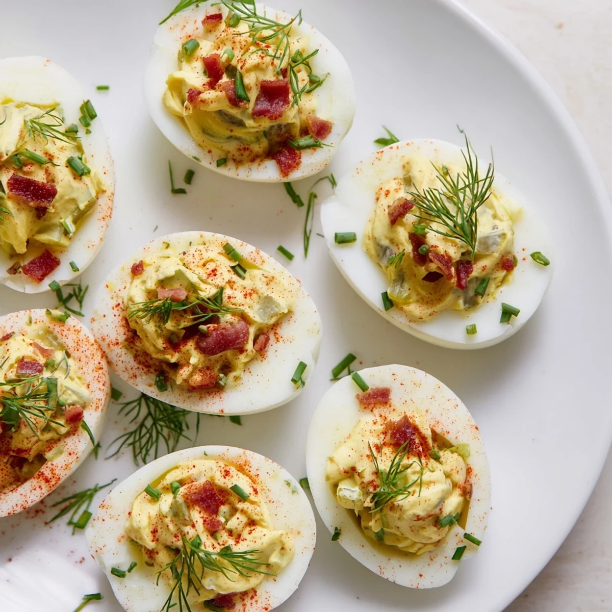 Creamy Loaded Deviled Eggs: pictured, topped with smoked paprika and chives, ready to enjoy.