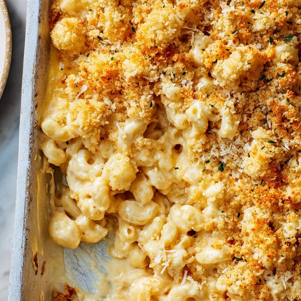 Sheet Pan Mac and Cheese with Brussels Sprouts, golden brown and bubbly, ready to serve and enjoy.