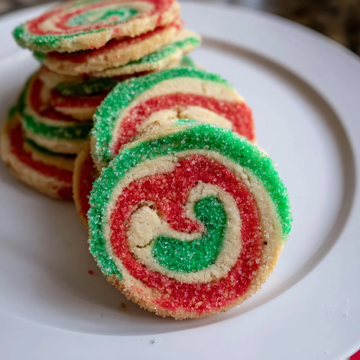 Close-up of vibrant Holiday Pinwheel Cookies, showing a delicious, colorful, classic American dessert.