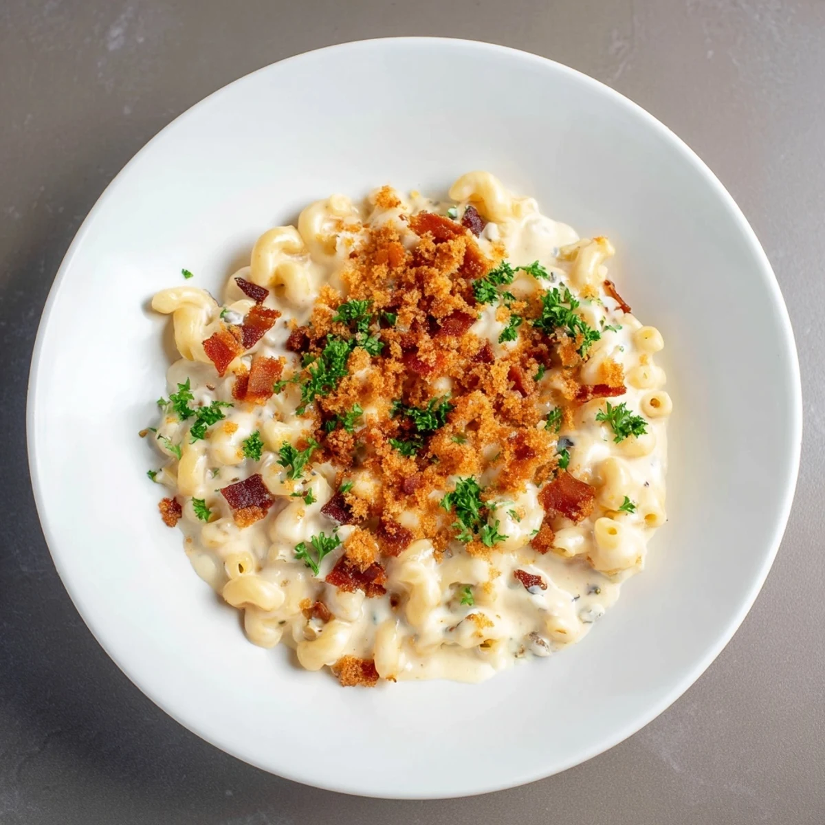 A close-up of sheet pan mac and cheese, featuring a molten cheese sauce & crunchy bacon topping.