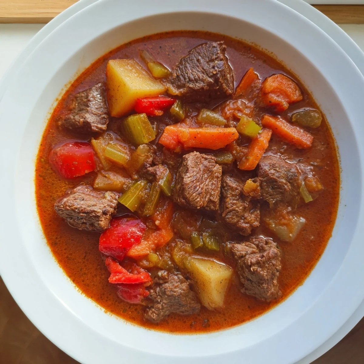 Smoked Paprika & Garlic Beef Stew bubbling in a Dutch oven with vibrant vegetables simmering within.