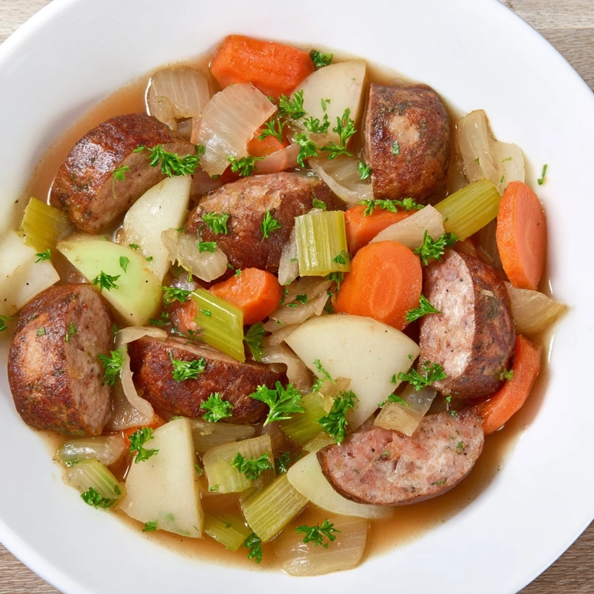Savory Stovetop Sausage, Celery, and Apple Hotpot simmering with tender vegetables and browned sausage.