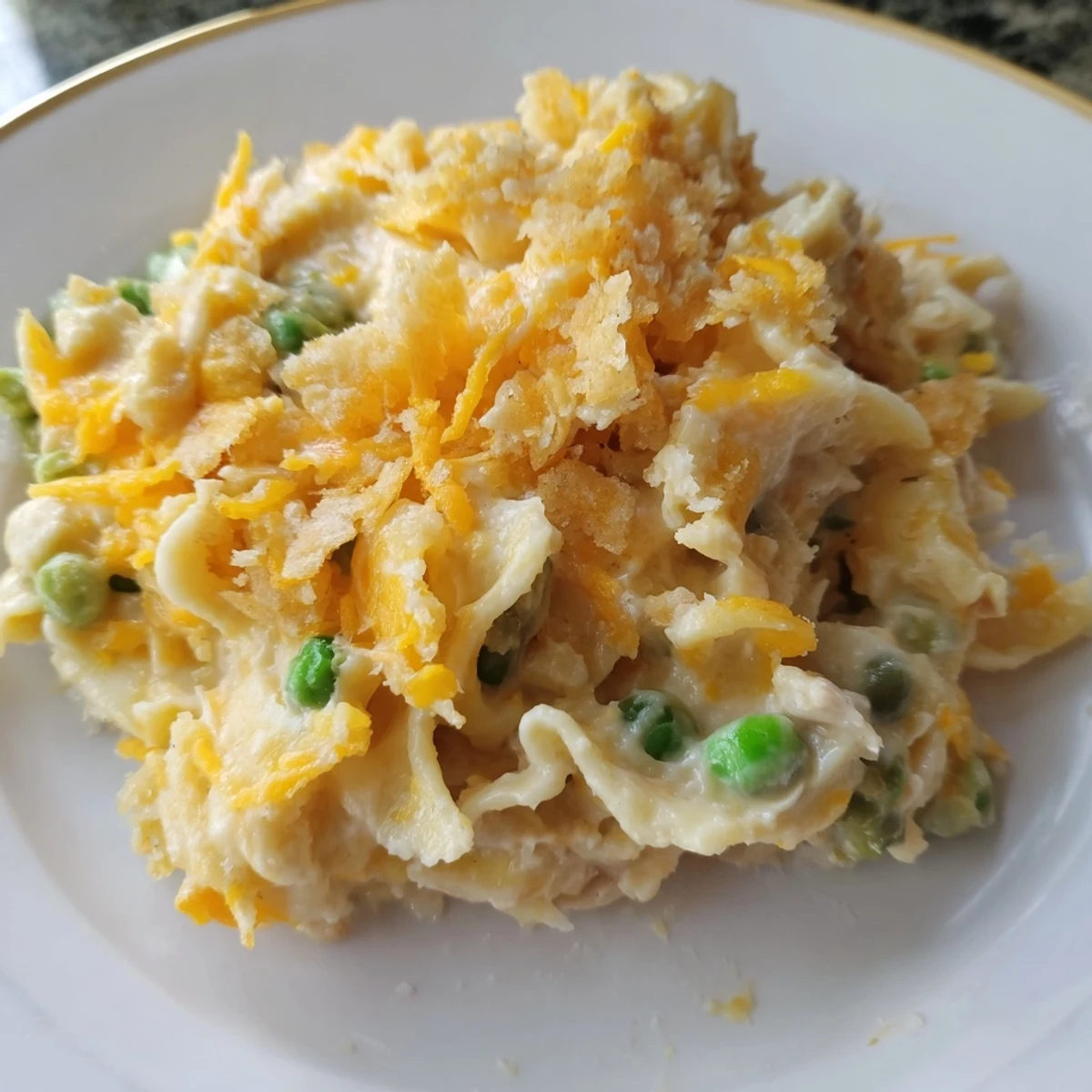 A warm, creamy bowl of Creamy Tuna Noodle Casserole, perfect for a cozy weeknight meal.
