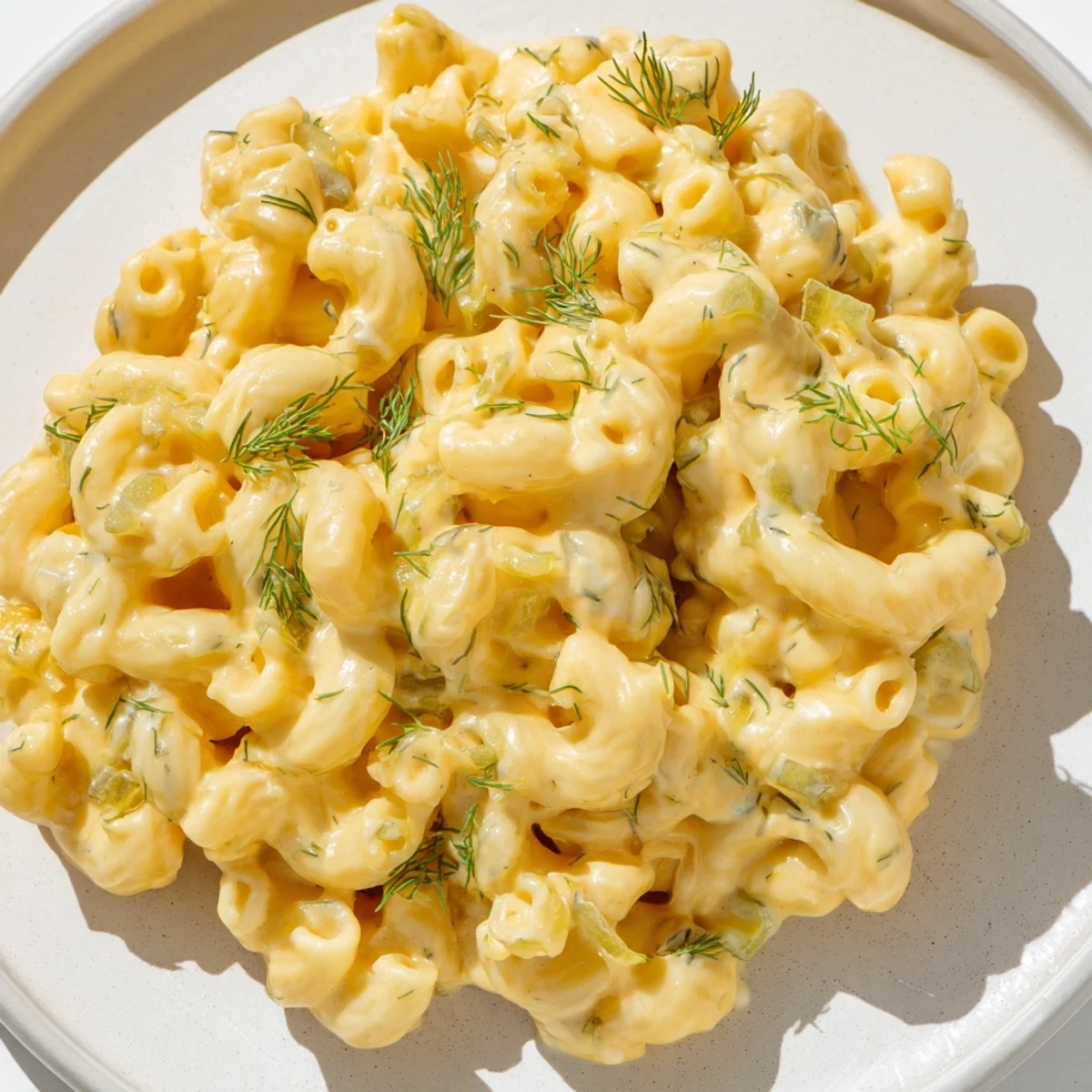 A close-up of creamy Pickle Mac and Cheese, with visible dill pickle pieces, ready to serve.
