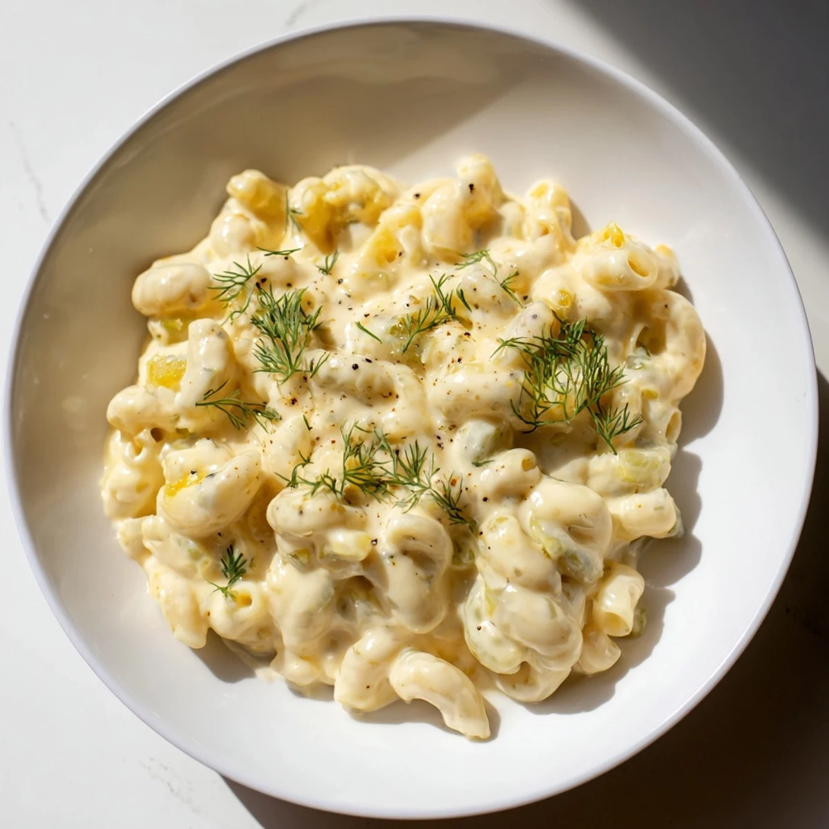 Freshly garnished, a bowl of bright green and yellow Pickle Mac and Cheese offers a tangy, comforting feast.